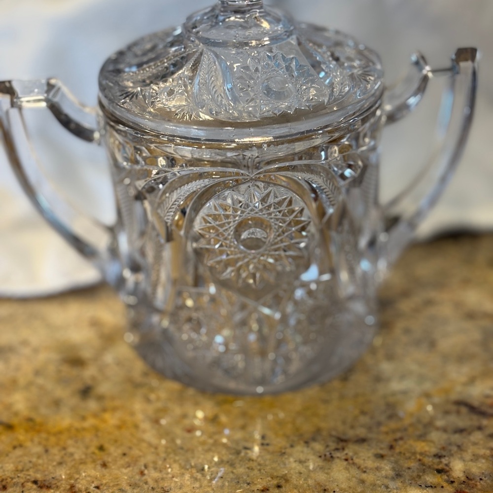 Unique, heavy glass container- unusual with 2 handles and lid